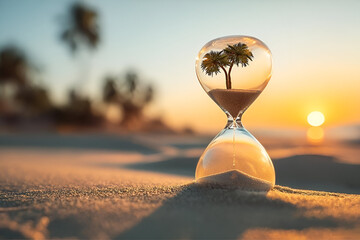 An hourglass captures a tiny tree, symbolizing nature's resilience against time at sunset on a sandy beach.