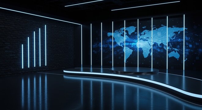 Modern News Studio Set with World Map Backdrop neon lighting stage brick wall technology global broadcast media design virtual