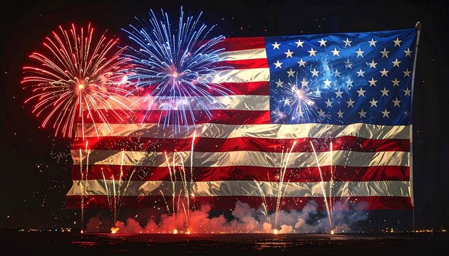 Fireworks burst against the backdrop of a waving American flag in a nighttime celebration