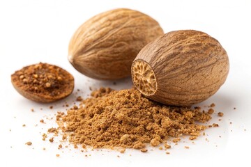 Dry nutmeg spice isolated on white background
