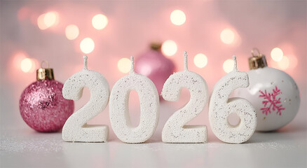 Celebrate the New Year with festive decor featuring 2026 candles and colorful ornaments against a soft backdrop.