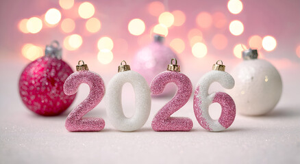 Celebrate the arrival of the New Year 2026 with festive decorations and sparkling ornaments for a joyful atmosphere.