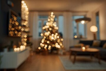 Cozy holiday living room with a beautifully decorated Christmas tree and soft glowing lights creating a warm ambiance.
