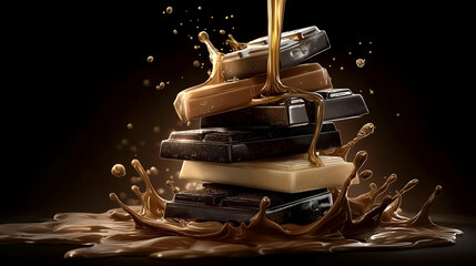 Decadent chocolate bars melting into a delicious pool of rich syrup, creating a mouthwatering dessert scene.
