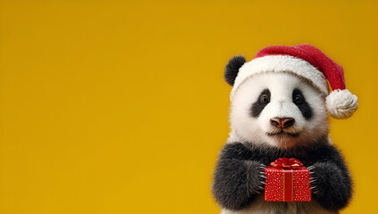 Cute panda wearing a Santa hat, holding a gift, set against a vibrant yellow backdrop for the festive season.