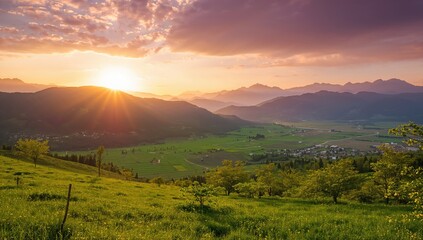 Sunset over lush green hills with a serene summer backdrop