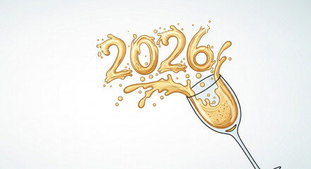 Champagne glass overflowing with golden liquid celebrating New Year, Christmas  