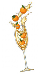 Glass of orange juice with oranges splashing in celebration for New Year, Christmas  