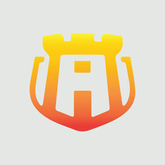 Letter A logo with a shield and defense fortress concept