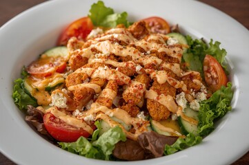 Fototapeta premium Spicy chicken salad featuring gorgonzola, tomatoes, cucumbers, and creamy ranch dressing