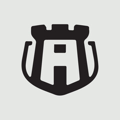 Letter A logo with a shield and defense fortress concept