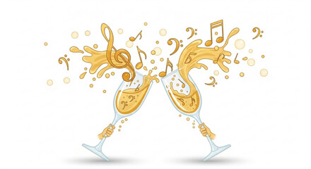 Champagne glasses clinking with musical notes and splashes of liquid, Concept of New Year, Christmas  