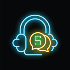 Neon icon of a headset with speech bubbles and a dollar sign, representing online earning opportunities