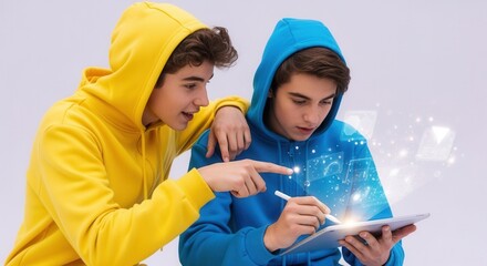 Two teenage friends collaborating on a digital tablet with a futuristic interface. Beta generation students engaged in e-learning with augmented reality technology