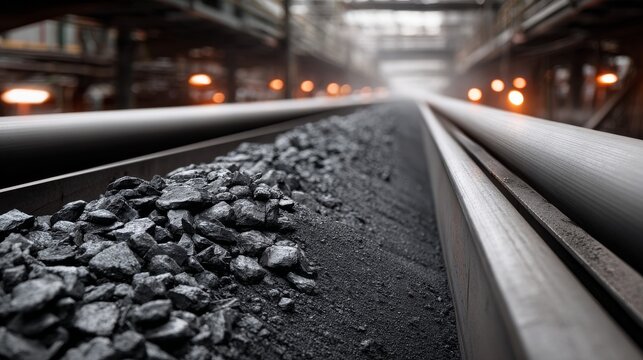 Industrial conveyor belt transporting dark, rocky material through a dimly lit facility. Background suggests extensive infrastructure
