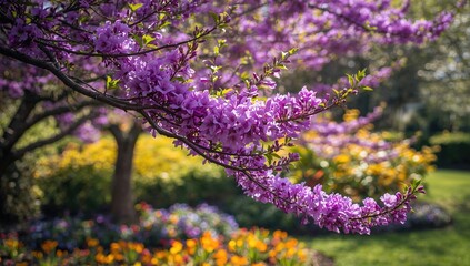 Lovely violet blossoms growing on a tree in a lush garden