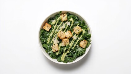Nutritious Caesar Salad with Kale Served in a Bowl on a Plain White Surface