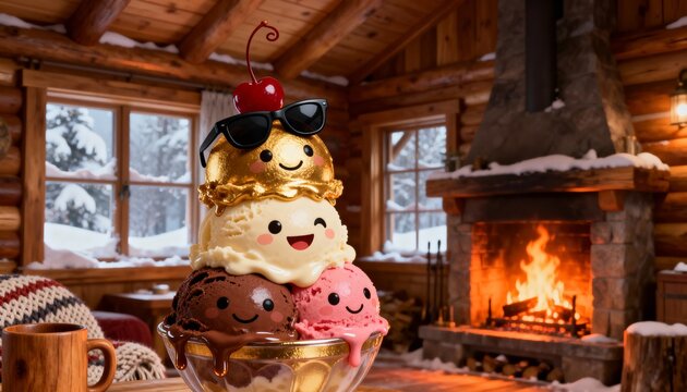 Smiling Ice Cream Stack Characters Relaxing by a Warm Fireplace in a Snowy Winter Log Cabin Setting - Powered by Adobe