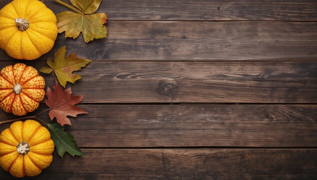 Autumn Harvest Display Featuring Pumpkins on a Weathered Wooden Surface - Seasonal Celebration Theme with Space for Text