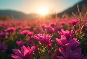  A Serene Field of Pink Flowers at Sunset