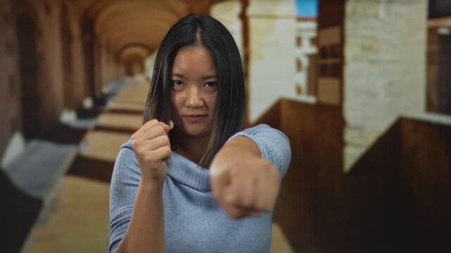 Woman practicing martial arts in an old university hallway, expressing determination, with archways in the background, showcasing strength and focus indoors.