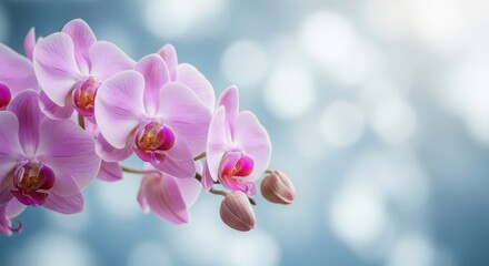 Delicate pink orchid flowers with buds blooming against a soft, blurred blue and white bokeh background