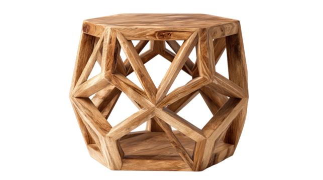 Wooden side table with geometric lines modern interior design on transparent background - Powered by Adobe