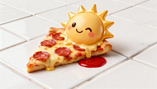 Delicious Pepperoni Pizza Slice Topped with a Cute Melting Sun Mascot on a Bright White Tiled Background