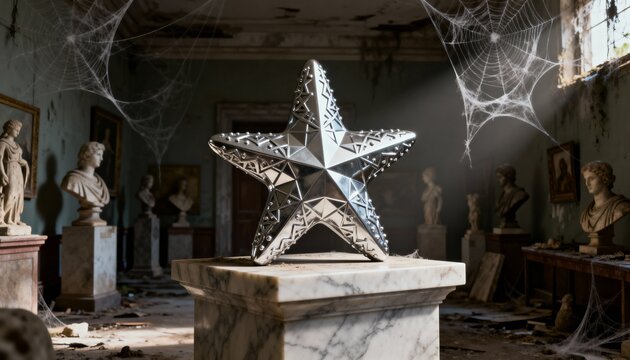 Silver Star of Success on Marble Pedestal in Decaying Museum Hall Surrounded by Ancient Busts, Cobwebs, and Dust.