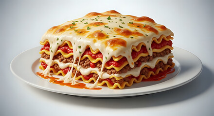 Delicious lasagna with layers of pasta, rich meat sauce, creamy cheese, and herbs, perfect for comfort food ads and restaurant menus or food blogs