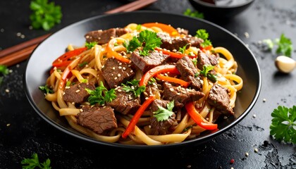 Delicious Beef Stir-Fry with Noodles, Sesame Seeds, and Fresh Parsley on Black Plate
