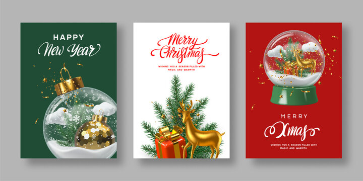 Elegant Christmas and New Year greeting card set with reindeer, snow globe, pine branches, and golden decorations in red, green, and white tones. Festive 3D design with luxury holiday style. Vector