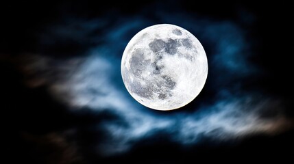 phase. Dramatic night sky featuring a full moon with subtle cloud details, evoking a serene celestial atmosphere. travel magazines, destination branding, designed for travel destination branding.