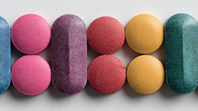 oligarchy. Pill organizer with tablets in sequence, clinical top view, geometric arrangement. STEM education sheets, lab safety posters, designed for biotech research communications.