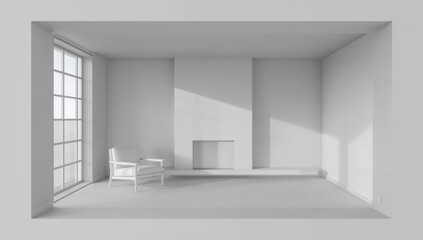 Fototapeta premium Minimalist living area featuring large windows, a fireplace, gray walls, and a white armchair mockup