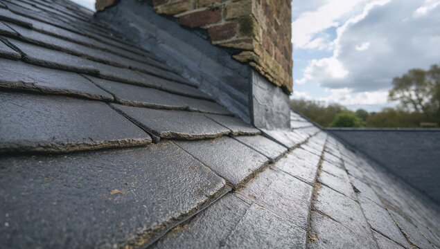 Slate roof with lead flashing installation