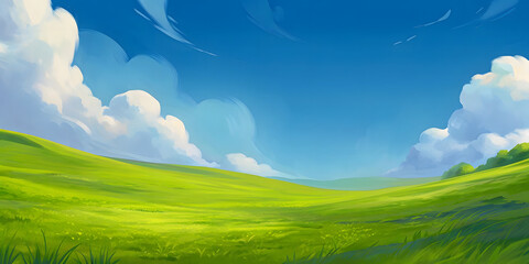 Obraz premium Endless Green Field Under Blue Sky with Clouds. Wide Spacious Summer Landscape. 2D Illustration.