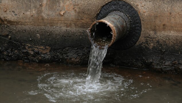 Draining sewage from a pipe into a river, highlighting the risk of water pollution