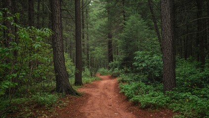 A slender trail meanders through a thick pine woodland filled with towering trees and lush greenery, perfect for hiking and exploring nature.