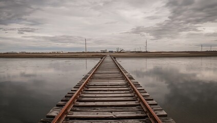 Obraz premium A vintage railway bridge spanning a body of water during winter's low tide.