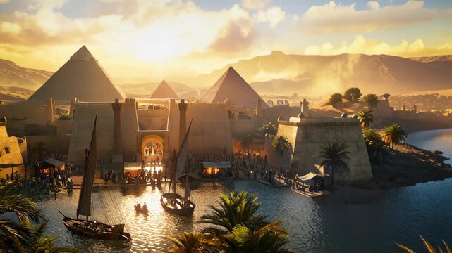 Ancient Egyptian civilization at sunrise &mdash; majestic temples, sacred river, desert cities, royal pharaoh, ancient well and oasis, golden light over army chariots, timeless empire and historical journey