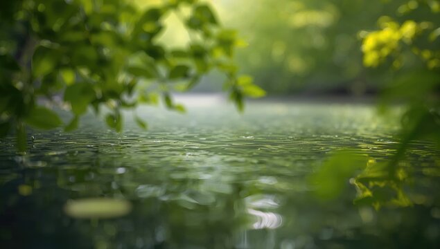 Blurred nature backdrop featuring greenery and water, ideal for UI layout