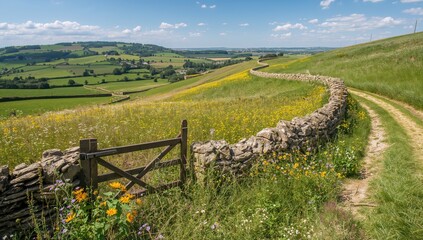 Stone wall fence bordering wildflower meadows and fields along a hiking trail in a sunny Cotswolds landscape, seasonal change