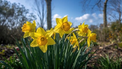 Obraz premium Daffodil Flowers (Narcissus) Illuminated by Sunshine, Seasonal Change