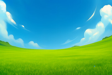 Obraz premium A detailed summer landscape with lush grass and distant trees under a blue sky with white clouds. 2D illustration.