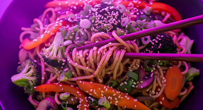 Delicious sesame noodles with fresh broccoli, peppers, and scallions, perfect for healthy eating promotions and Asian cuisine blog posts or social media content
