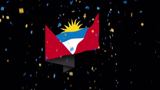 Antigua and Barbuda flag badge, with confetti effect on transparent background. 4K video