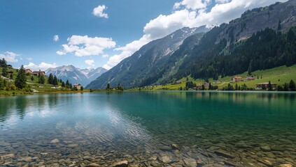 Breathtaking alpine scenery featuring a lake surrounded by mountains, seasonal change