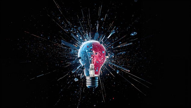 Electric bulb in blue and red colors breaking against a dark backdrop