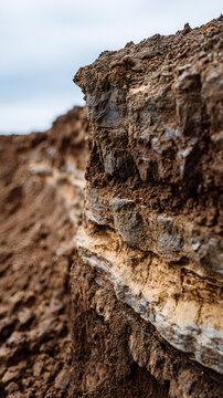 Layered soil strata exposed in excavation site, Geological cross-section showing earth layers and sedimentary rock